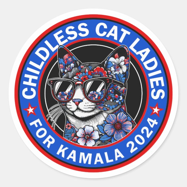 Adesivo Redondo Mulheres De Gato Sem Fios Votem Kamala US 2024 Dem (Frente)