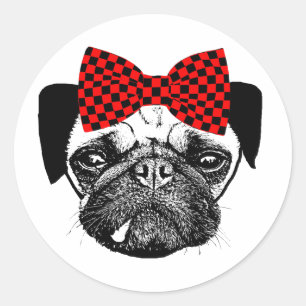 Adesivo Redondo Mulheres Pug Dog Red Checkers Arco original de art