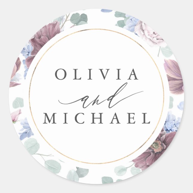 Adesivo Redondo Murve e Dusty Blue Floral Weding Seal (Frente)