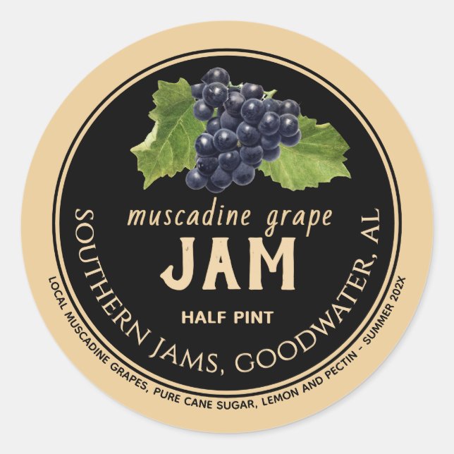 Adesivo Redondo Muscadine Grape Jam Label Kraft em Preto (Frente)
