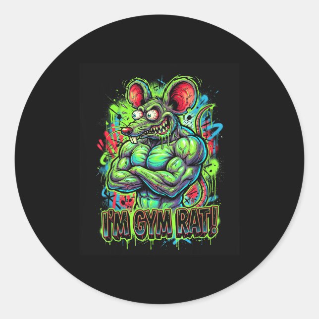 Adesivo Redondo Muscular Gym Rat Bodybuilder Graffiti Workout Fitn (Frente)