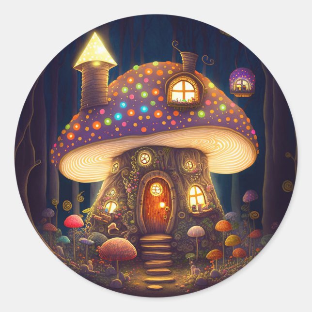Adesivo Redondo Mushroom House Fantasy Art (Frente)