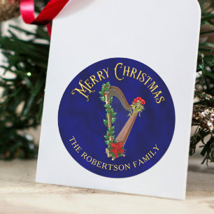 Adesivo Redondo Música de Natal Elegante Harpa Personalizada