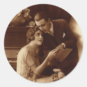 Adesivo Redondo Música Romântica Vintage, Amantes do Amor e do Rom