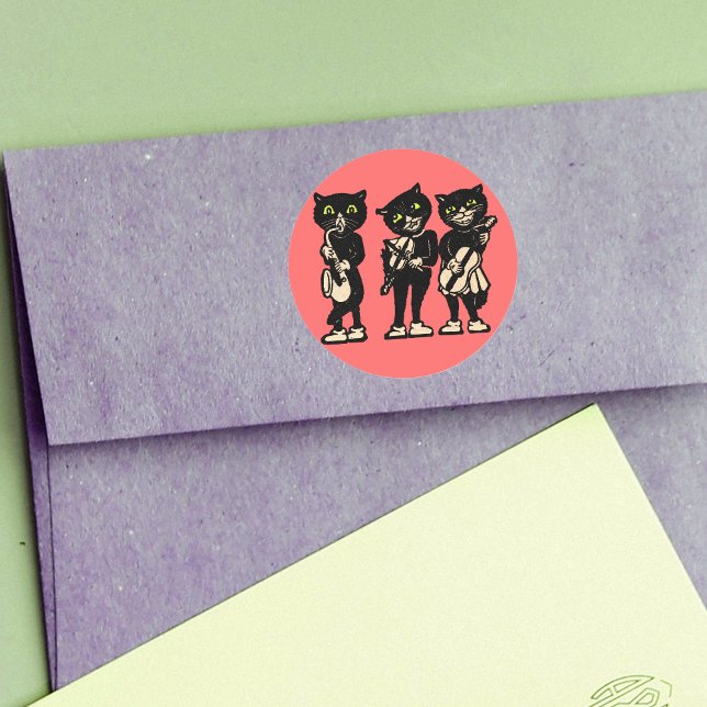 Adesivo Redondo Musical Vintage Black Cats (Three black cat musicians playing music on bright salmon colour round stickers.)