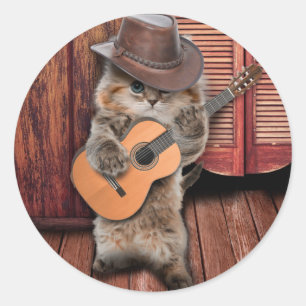 Adesivo Redondo Músico de cauda de Cat Ocidental com violão