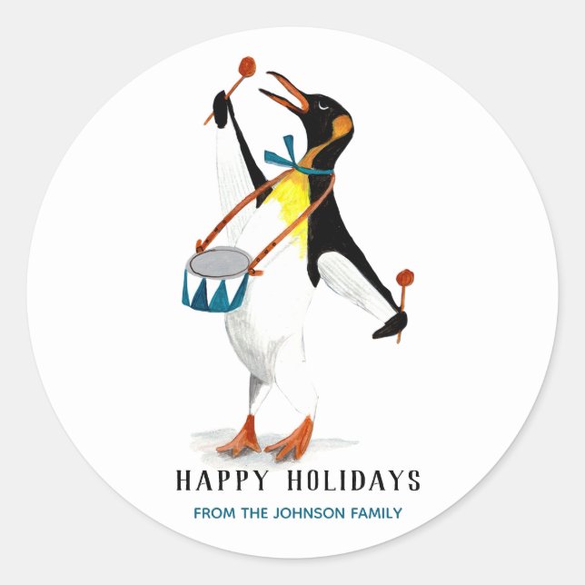 Adesivo Redondo Músico de pinguim preto-e-branco e bonito com tamb (Frente)