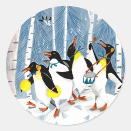 Adesivo Redondo Músicos azuis e bonitos pinguins de neve diversão