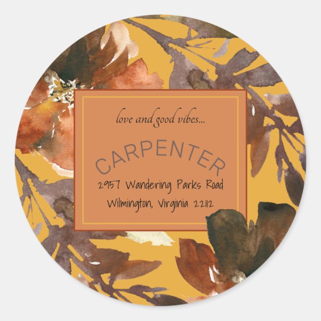 Adesivo Redondo Mustard Fall Foliage Love & Good Vibes (Frente)