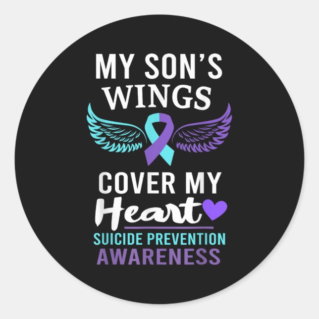 Adesivo Redondo My Son's Wings Cover Heart Suicide Awareness Ribbo (Frente)