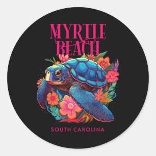 Adesivo Redondo Myrtle Beach South Carolina Floral Beach Turtle So