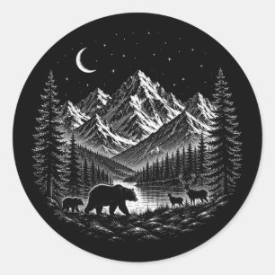 Adesivo Redondo Mystic Mountain Wilderness Night Estilo Linocut