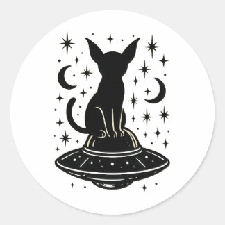 Adesivo Redondo Mystical Cat on UFO with Stars & Moons