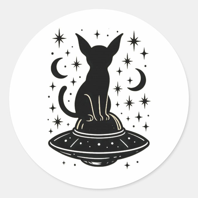 Adesivo Redondo Mystical Cat on UFO with Stars & Moons (Frente)