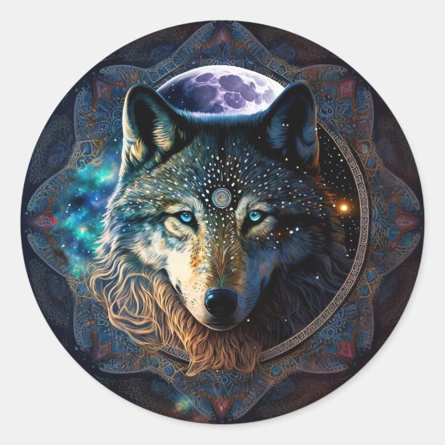 Adesivo Redondo Mystical Wolf Moon Mandala (Frente)