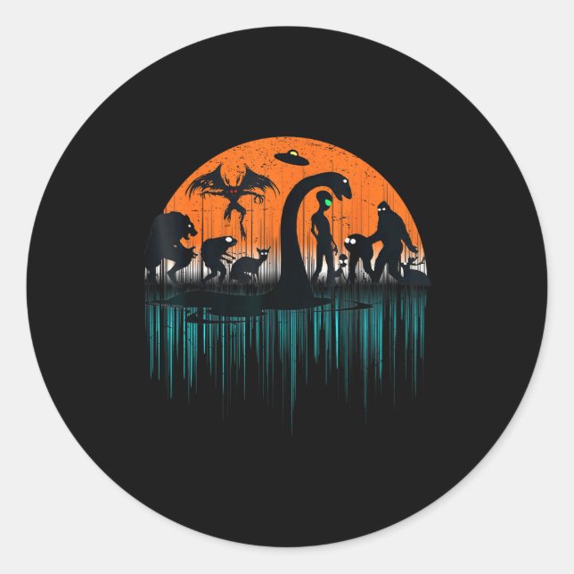 Adesivo Redondo Mythical Loch Ness Bigfoot Mothman Aliens Funny Cr (Frente)