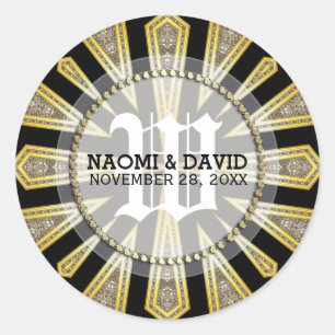 Adesivo Redondo Na moda ArtDeco Monograma Dourado Vinheta de Casam