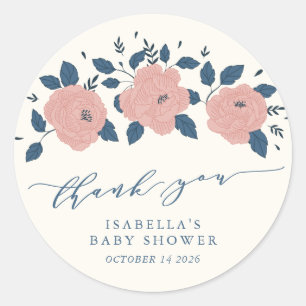 Adesivo Redondo Na moda Blue Garden Flower Chá de fraldas Obrigad