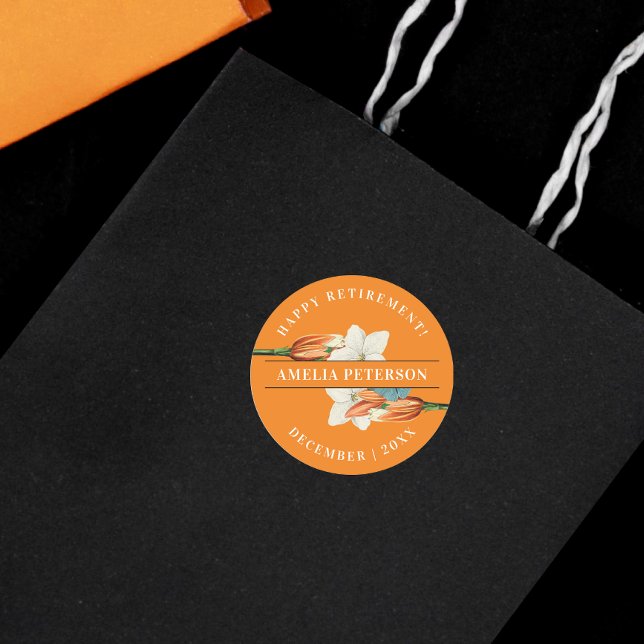 Adesivo Redondo Na moda Elegante Laranja Branco Lily Retro Floral (Criador carregado)