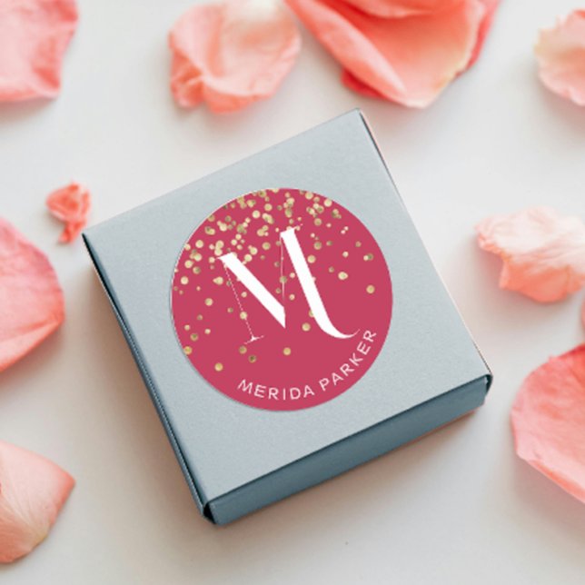 Adesivo Redondo Na moda Glam Red Dourado Glitter Monograma inicial (Criador carregado)