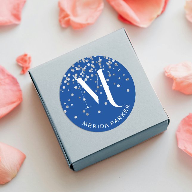 Adesivo Redondo Na moda Glam Silver Glitter Blue Name Monograma (Criador carregado)