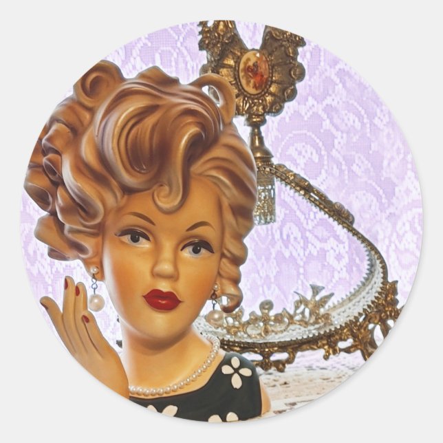 Adesivo Redondo Na moda Lady Head Vase Spiral Curls Vestido Floral (Frente)