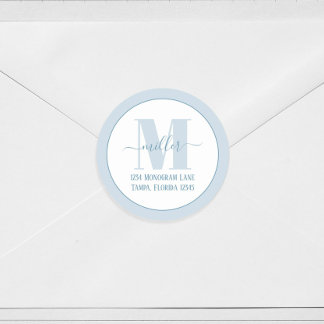 Adesivo Redondo Na moda Monograma Blue Simple Return Address
