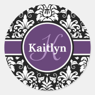 Adesivo Redondo Na moda Monograma - Damasco preto roxo