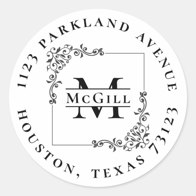 Adesivo Redondo Na moda Monograma & Sobrenome Round Return Address (Frente)