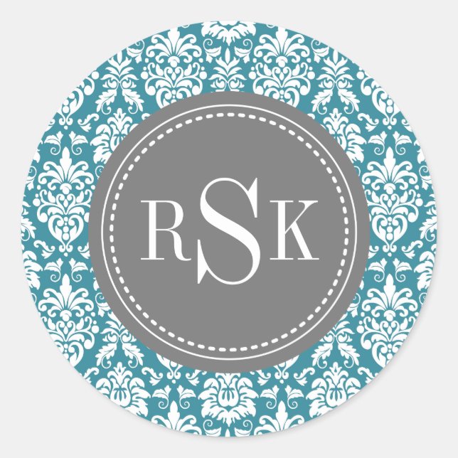 Adesivo Redondo Na moda Monograma Trio - Damasco Teal (Frente)
