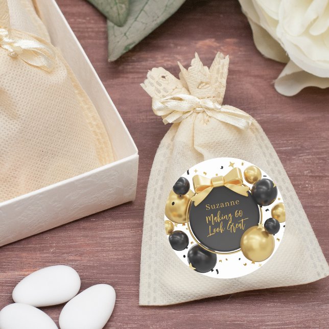 Adesivo Redondo Na moda preto moderno e Dourado 60º aniversário (Criador carregado)