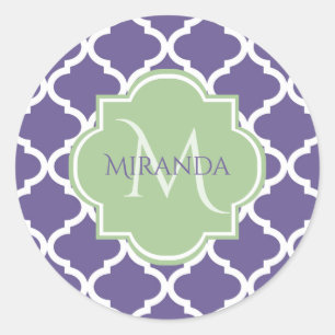 Adesivo Redondo Na moda Purple Quatrefoil e Nome Monograma Verde