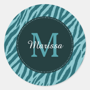 Adesivo Redondo Na moda Teal Zebra Impressa com Monograma e Nome