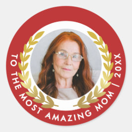 Adesivo Redondo Na moda Vermelho E Branco Com Foto Dourada De Prêm