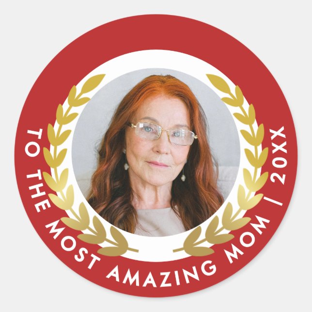 Adesivo Redondo Na moda Vermelho E Branco Com Foto Dourada De Prêm (Frente)