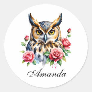 Adesivo Redondo Na moda Watercolor Floral Owl