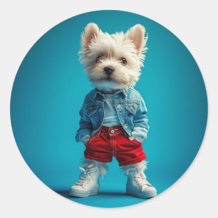Adesivo Redondo Na moda Westie Pup em Denim e Sneakers