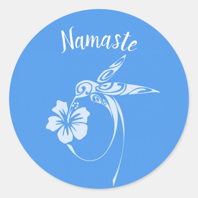 Adesivo Redondo Namaste White Hummingbird em fundo azul (Frente)