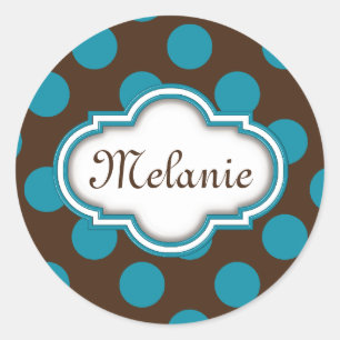 Adesivo Redondo Nameplate de Quatrefoil Bolinhas Castanho Azul
