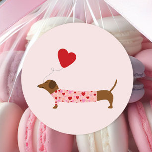 Adesivo Redondo Namorados Dachshund, Dia de os namorados Rosa e Ve