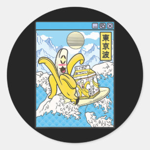 Adesivo Redondo Nana Com Caixa De Leite Surfando Ondas Do Japão Ka