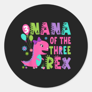 Adesivo Redondo Nana Do aniversário de 3 anos Rex Dinossaur T-rex