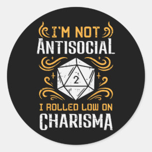 Adesivo Redondo Não Anti Social Baixo Carisma Divertido Rpg Gamer