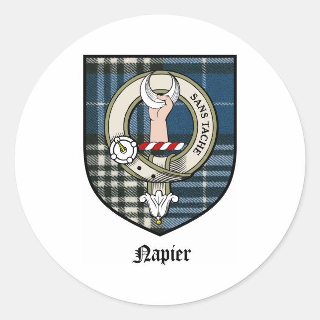Adesivo Redondo Napier Clan Crest Crachá Tartan (Frente)