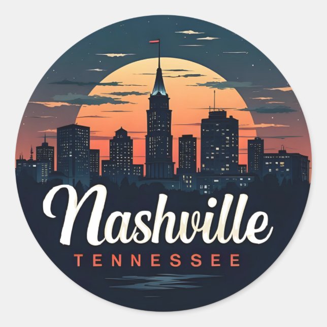 Adesivo Redondo Nashville Tennessee retro Skyline (Frente)