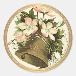 Adesivo Redondo Natais vintages Bell (Floral Rosa) Metálico Dourad