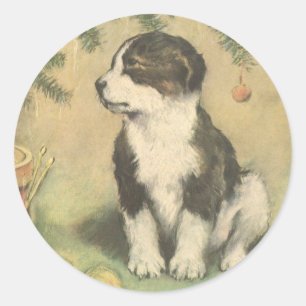 Adesivo Redondo Natais vintages, Cachorro Bonito Sob Árvore De Nat