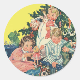 Adesivo Redondo Natais vintages de manhã, crianças abrindo present