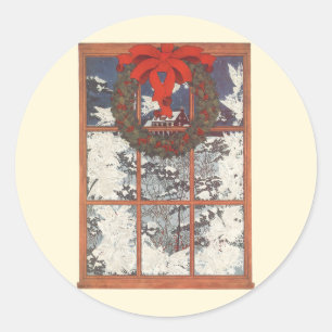 Adesivo Redondo Natais vintages em uma janela com neve