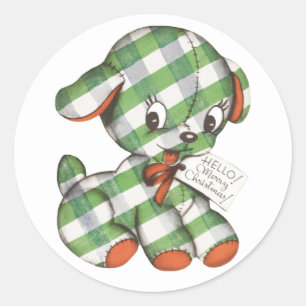 Adesivo Redondo Natais vintages Gingham Cachorro Cachorro Enchido